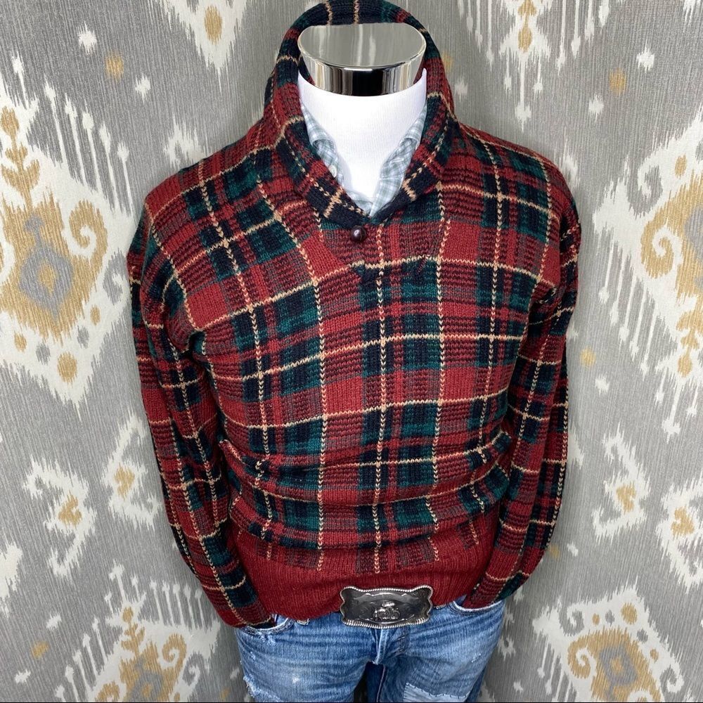 Polo Ralph Lauren Red & Green Multi Tartan Plaid Shawl Collar L/S Sweater - Picture 16 of 16
